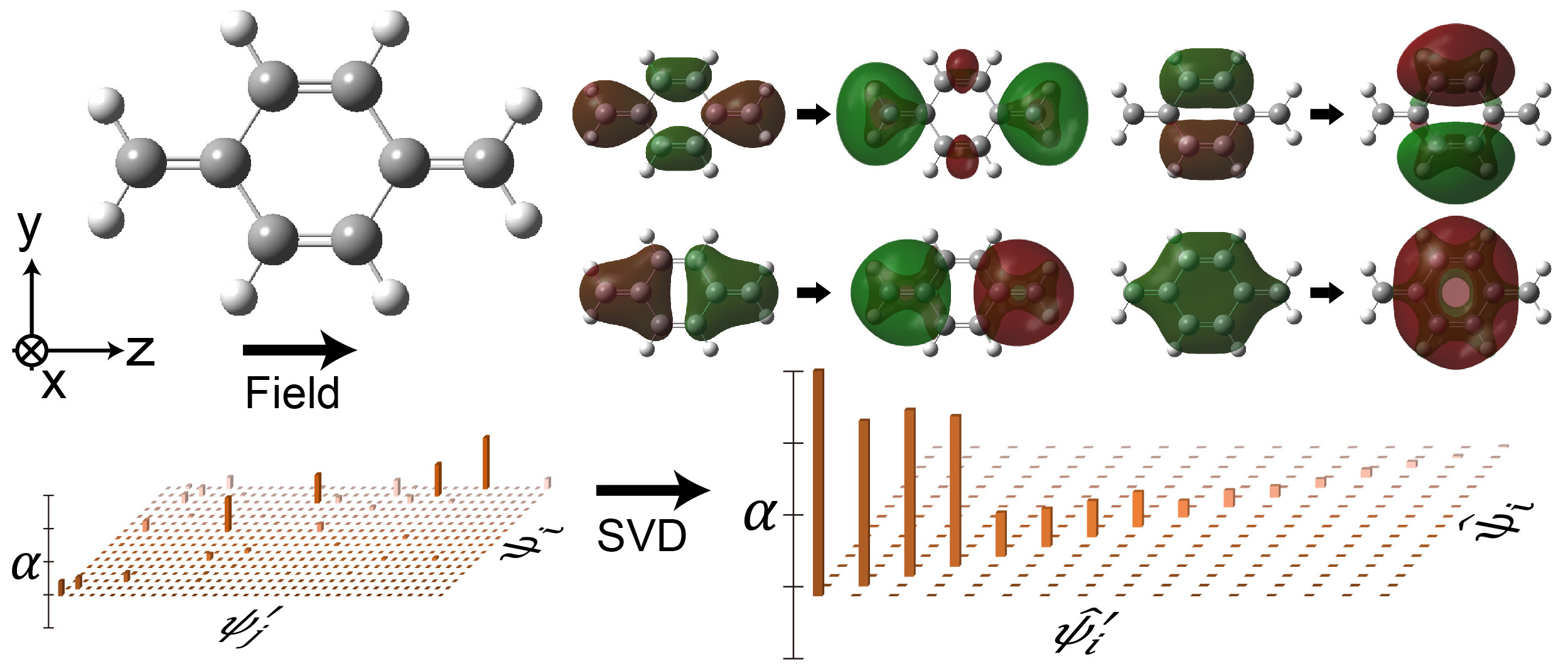 電子分布変化に寄与する分子軌道を特異値分解しました